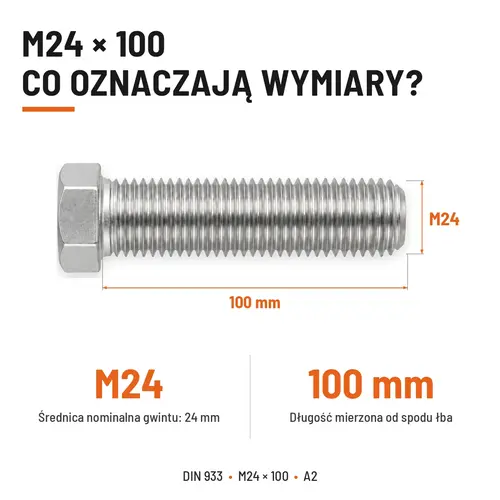 Śruba sześciokątna DIN 933 M24x100 pełny gwint A2 nierdzewna