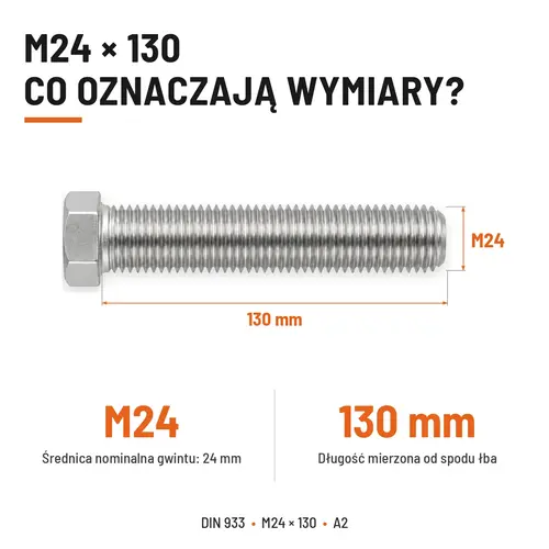ŚRUBA SZEŚCIOKĄTNA DIN 933 M24X130 STAL NIERDZEWNA A2