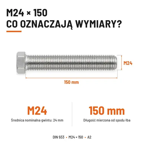 Śruba sześciokątna DIN 933 M24x150 pełny gwint A2 nierdzewna
