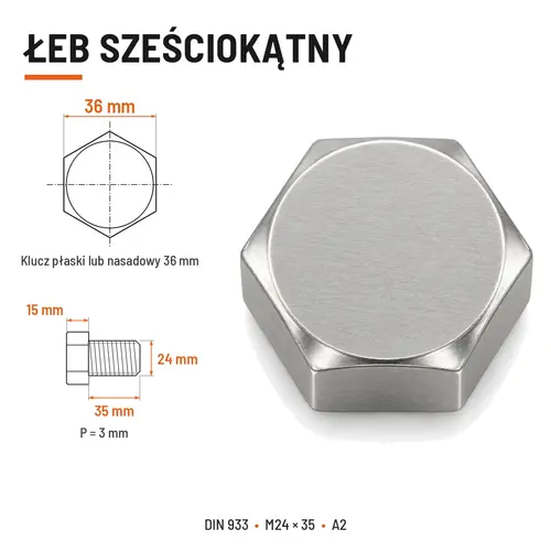 Śruba sześciokątna DIN 933 M24x35 pełny gwint A2 nierdzewna