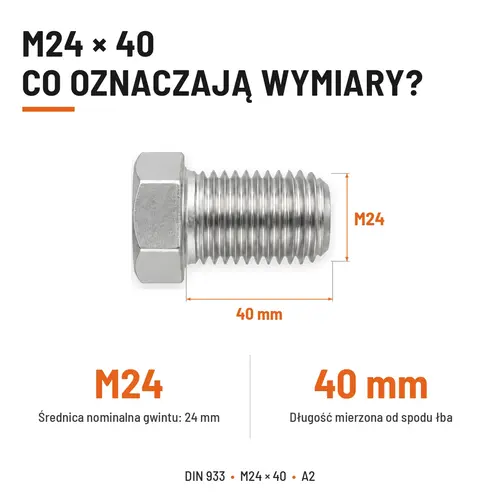 ŚRUBA SZEŚCIOKĄTNA DIN 933 M24X40 STAL NIERDZEWNA A2