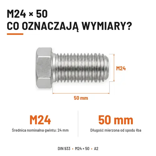 Śruba sześciokątna DIN 933 M24x50 pełny gwint A2 nierdzewna