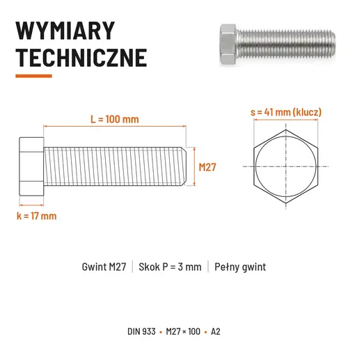 Śruba sześciokątna DIN 933 M27x100 pełny gwint A2 nierdzewna