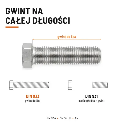 Śruba sześciokątna DIN 933 M27x110 pełny gwint A2 nierdzewna