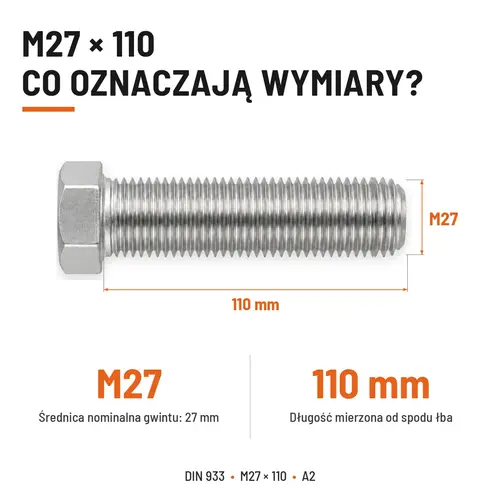 Śruba sześciokątna DIN 933 M27x110 pełny gwint A2 nierdzewna