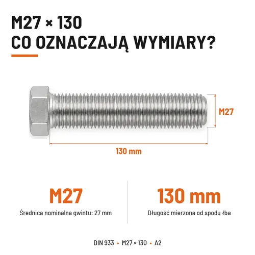 Śruba sześciokątna DIN 933 M27x130 pełny gwint A2 nierdzewna