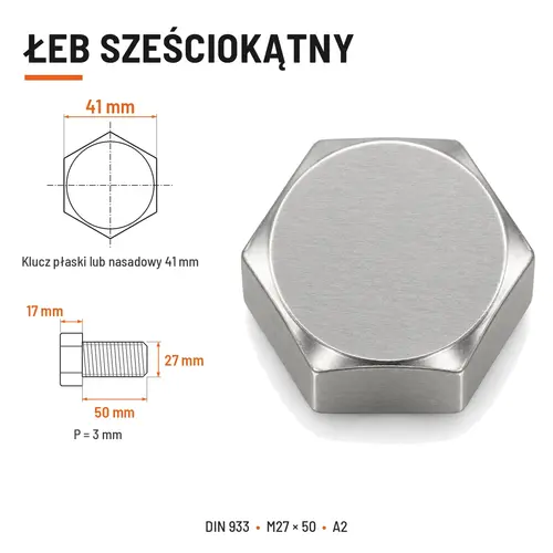 Śruba sześciokątna DIN 933 M27x50 pełny gwint A2 nierdzewna