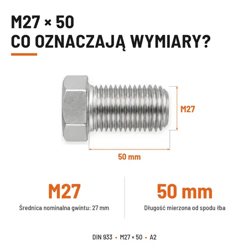 Śruba sześciokątna DIN 933 M27x50 pełny gwint A2 nierdzewna