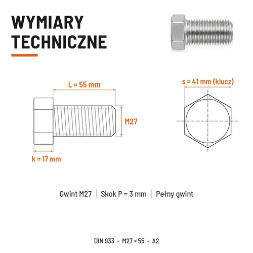 Śruba sześciokątna DIN 933 M27x55 pełny gwint A2 nierdzewna