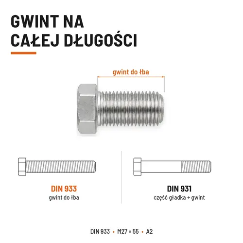 Śruba sześciokątna DIN 933 M27x55 pełny gwint A2 nierdzewna