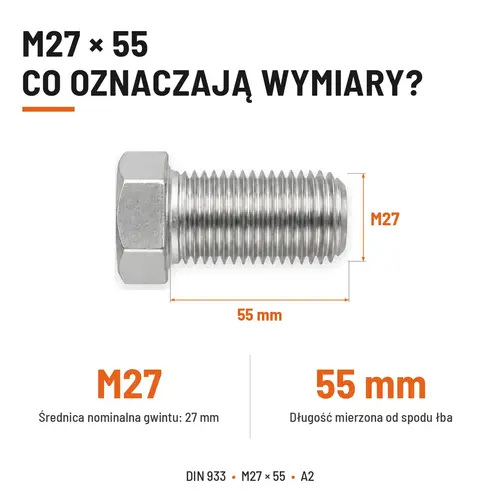 Śruba sześciokątna DIN 933 M27x55 pełny gwint A2 nierdzewna