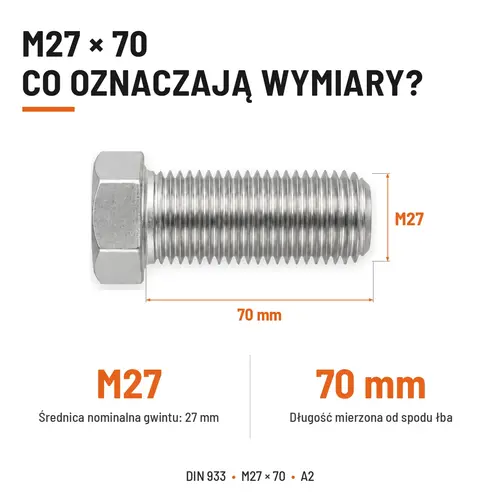 Śruba sześciokątna DIN 933 M27x70 pełny gwint A2 nierdzewna