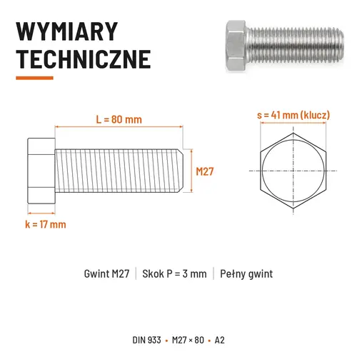 Śruba sześciokątna DIN 933 M27x80 pełny gwint A2 nierdzewna