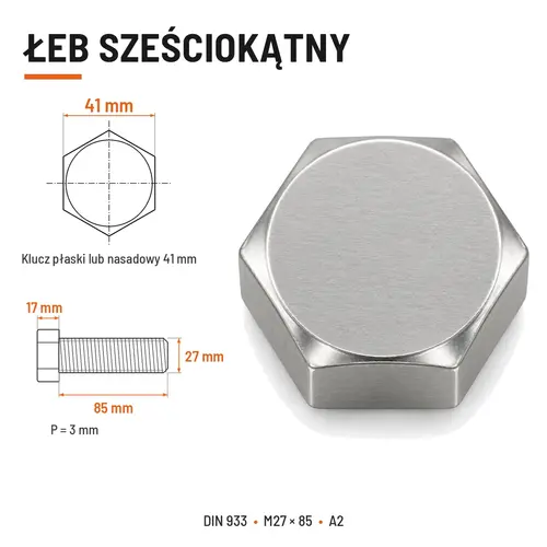 Śruba sześciokątna DIN 933 M27x85 pełny gwint A2 nierdzewna