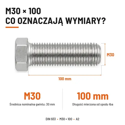 ŚRUBA SZEŚCIOKĄTNA DIN 933 M30X100 STAL NIERDZEWNA A2