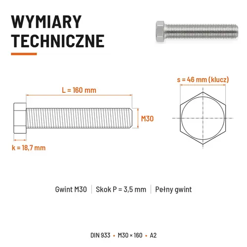Śruba sześciokątna DIN 933 M30x160 pełny gwint A2 nierdzewna