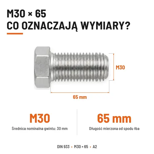 ŚRUBA SZEŚCIOKĄTNA DIN 933 M30X65 STAL NIERDZEWNA A2