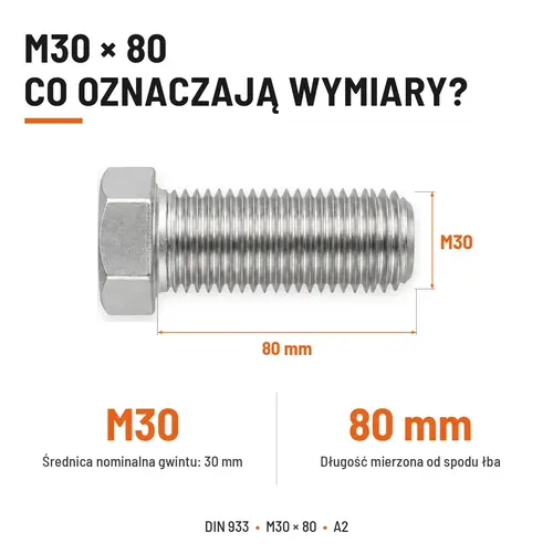 Śruba sześciokątna DIN 933 M30x80 pełny gwint A2 nierdzewna