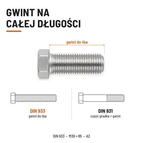 Śruba sześciokątna DIN 933 M30x85 pełny gwint A2 nierdzewna