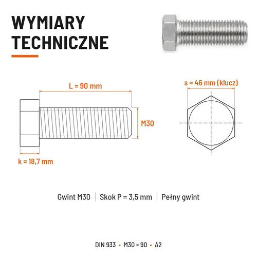 Śruba sześciokątna DIN 933 M30x90 pełny gwint A2 nierdzewna