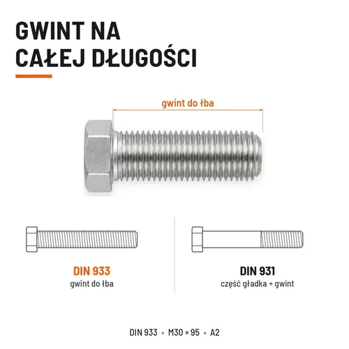 Śruba sześciokątna DIN 933 M30x95 pełny gwint A2 nierdzewna