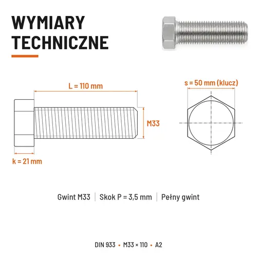 ŚRUBA SZEŚCIOKĄTNA DIN 933 M33X110 STAL NIERDZEWNA A2