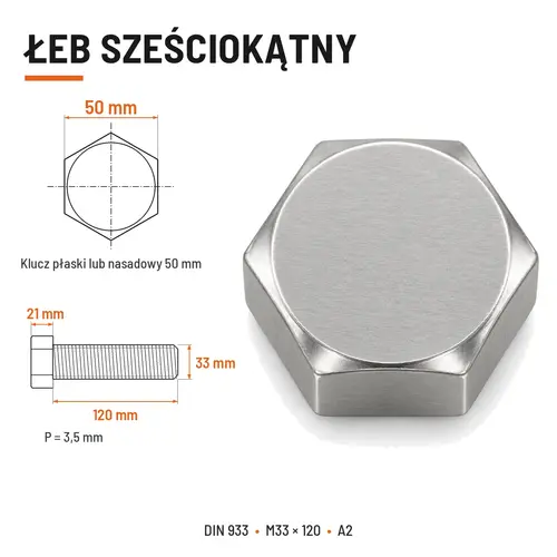 ŚRUBA SZEŚCIOKĄTNA DIN 933 M33X120 STAL NIERDZEWNA A2