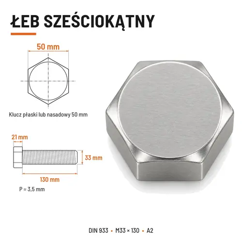 ŚRUBA SZEŚCIOKĄTNA DIN 933 M33X130 STAL NIERDZEWNA A2