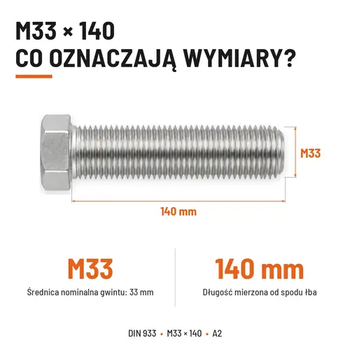 Śruba sześciokątna DIN 933 M33x140 pełny gwint A2 nierdzewna