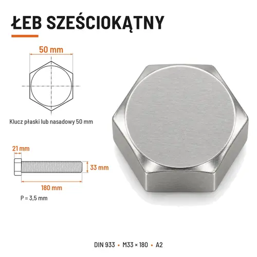 Śruba sześciokątna DIN 933 M33x180 pełny gwint A2 nierdzewna