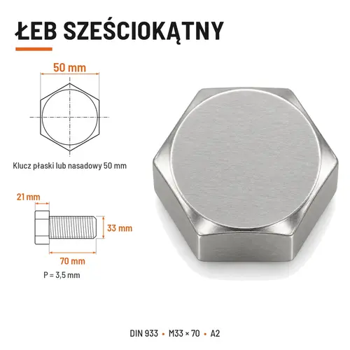 Śruba sześciokątna DIN 933 M33x70 pełny gwint A2 nierdzewna