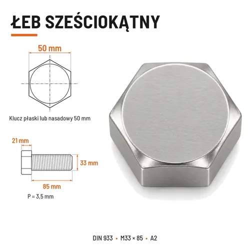Śruba sześciokątna DIN 933 M33x85 pełny gwint A2 nierdzewna
