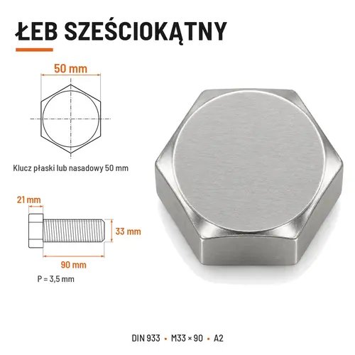 ŚRUBA SZEŚCIOKĄTNA DIN 933 M33X90 STAL NIERDZEWNA A2