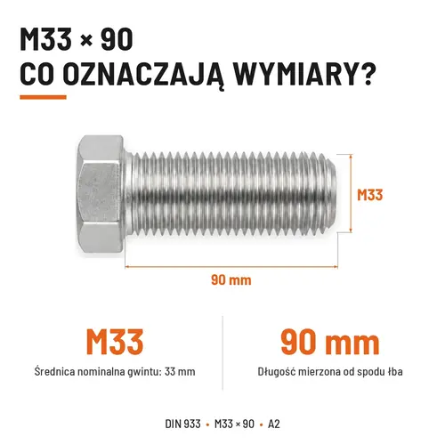 ŚRUBA SZEŚCIOKĄTNA DIN 933 M33X90 STAL NIERDZEWNA A2