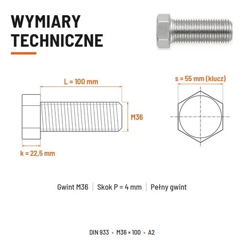 Śruba sześciokątna DIN 933 M36x100 pełny gwint A2 nierdzewna