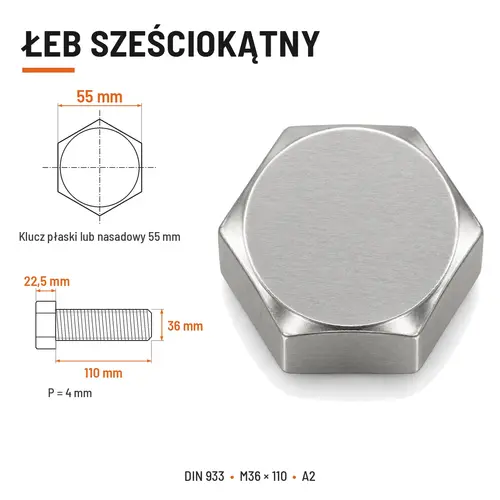 ŚRUBA SZEŚCIOKĄTNA DIN 933 M36X110 STAL NIERDZEWNA A2