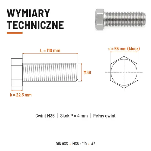 ŚRUBA SZEŚCIOKĄTNA DIN 933 M36X110 STAL NIERDZEWNA A2