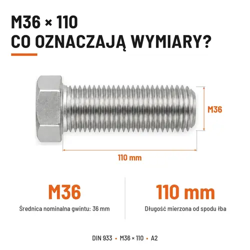 ŚRUBA SZEŚCIOKĄTNA DIN 933 M36X110 STAL NIERDZEWNA A2