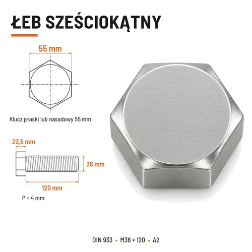 ŚRUBA SZEŚCIOKĄTNA DIN 933 M36X120 STAL NIERDZEWNA A2