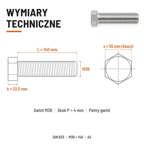 Śruba sześciokątna DIN 933 M36x140 pełny gwint A2 nierdzewna