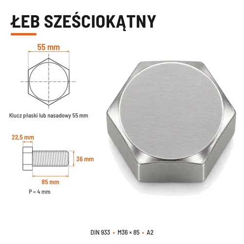 ŚRUBA SZEŚCIOKĄTNA DIN 933 M36X85 STAL NIERDZEWNA A2