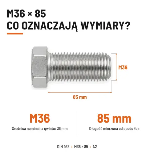 ŚRUBA SZEŚCIOKĄTNA DIN 933 M36X85 STAL NIERDZEWNA A2