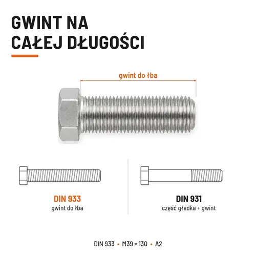 ŚRUBA SZEŚCIOKĄTNA DIN 933 M39X130 STAL NIERDZEWNA A2