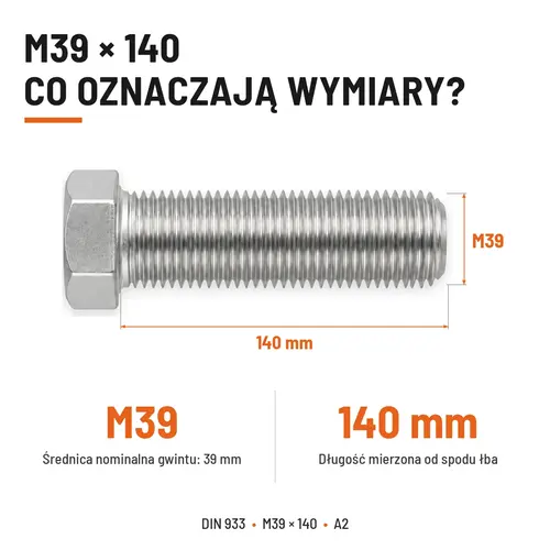 ŚRUBA SZEŚCIOKĄTNA DIN 933 M39X140 STAL NIERDZEWNA A2