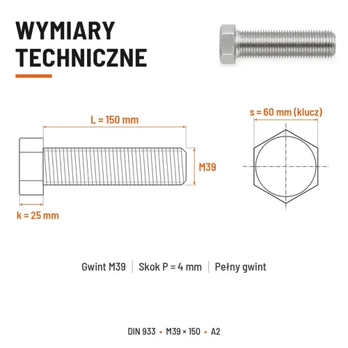 Śruba sześciokątna DIN 933 M39x150 pełny gwint A2 nierdzewna