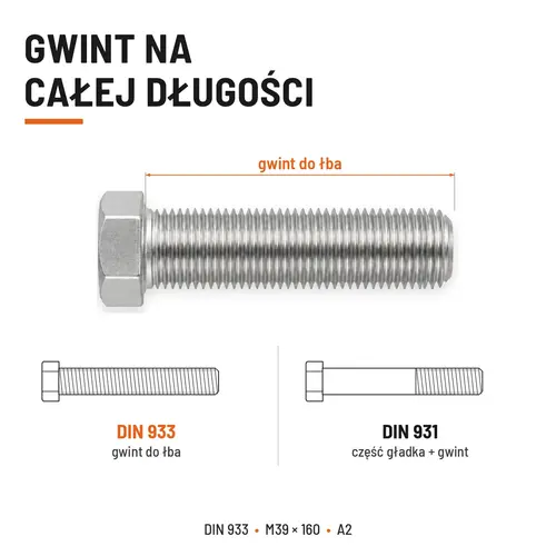 ŚRUBA SZEŚCIOKĄTNA DIN 933 M39X160 STAL NIERDZEWNA A2
