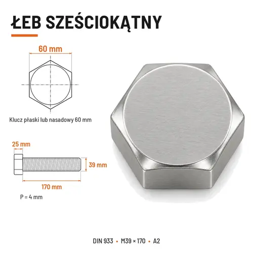 ŚRUBA SZEŚCIOKĄTNA DIN 933 M39X170 STAL NIERDZEWNA A2