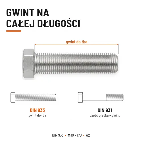 ŚRUBA SZEŚCIOKĄTNA DIN 933 M39X170 STAL NIERDZEWNA A2
