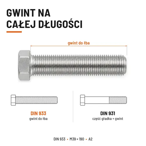 ŚRUBA SZEŚCIOKĄTNA DIN 933 M39X190 STAL NIERDZEWNA A2