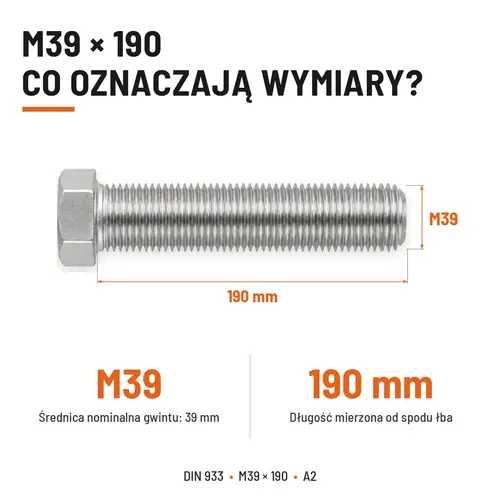 ŚRUBA SZEŚCIOKĄTNA DIN 933 M39X190 STAL NIERDZEWNA A2